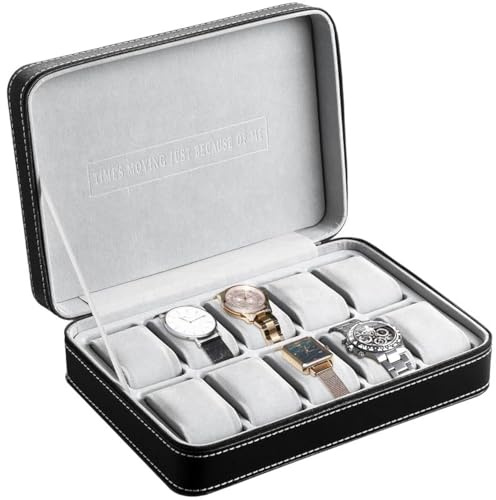 OSVINO Uhrenbox Uhrenkasten 6/10/12 Uhren PU Leder mit Reißverschluss Schmuck und Samt,Schwarz.10 Plätze