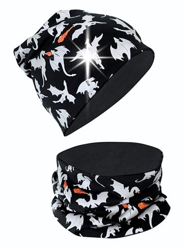 HECKBO Drachen Kinder Beanie Mütze & Loop-Schal – Reflektierend – Baumwolle – 2–8 Jahre – Wintermütze Kinder – Geeignet für Winterspielplatz, Schulweg & Outdoor (48–54 cm)