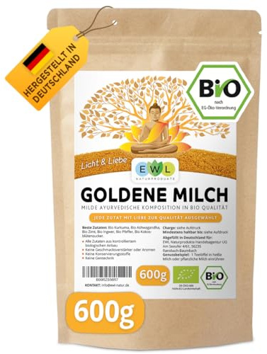 EWL Naturprodukte BIO Goldene Milch 600 g, Golden Milk mit Kurkuma, Ingwer, Ashwagandha, Ceylon Zimt, Ceylon Pfeffer und Kokosblütenzucker