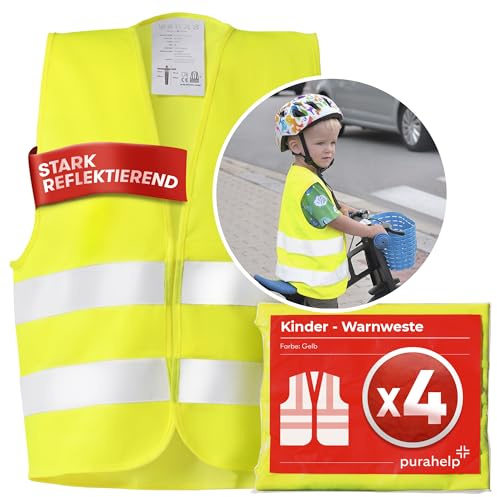 PURAHELP Warnweste Kinder (5-12 Jahre) Sicherheitsweste (4 Stück) für den Schulweg, Fahrrad, Auto - Reflektierende Warnweste Gelb