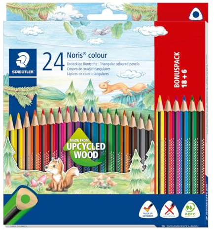 STAEDTLER Noris Colour Buntstift (erhöhte Bruchfestigkeit, Dreikantform, attraktives Design, ergonomische Soft-Oberfläche, WOPEX-Material, Bonus-Set mit 24 brillanten Stiften im Kartonetui), 187 C18P1