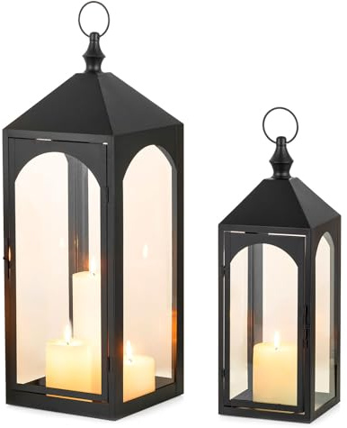 Staymoment Groß Laternen für Draußen Wetterfest: 2er Set 43/59 cm XXL Windlicht Outdoor als Balkon Garten Deko schwarz Gartenlaterne Kerzenhalter mit Glas