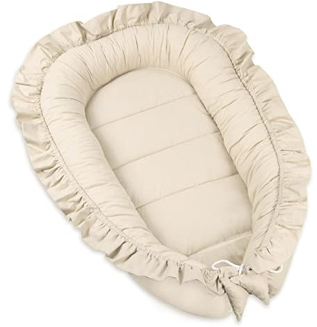 PIMKO Babynest mit rüschen Babynestchen für Baby Kuschelnest Babykokon für Säuglinge und Neugeborene 100% Baumwolle Nestchen für Zuhause oder als Baby Nest 55 x 90 cm (Beige)