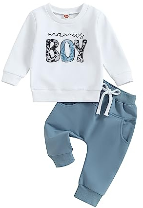 Geagodelia Baby Jungen Kleidung Outfit Babykleidung Set Langarmshirt Sweatshirt + Hose Neugeborene Weiche Babyset Mama's Boy Zweiteiler (A - Weiß & Blau, 2-3 Jahre)