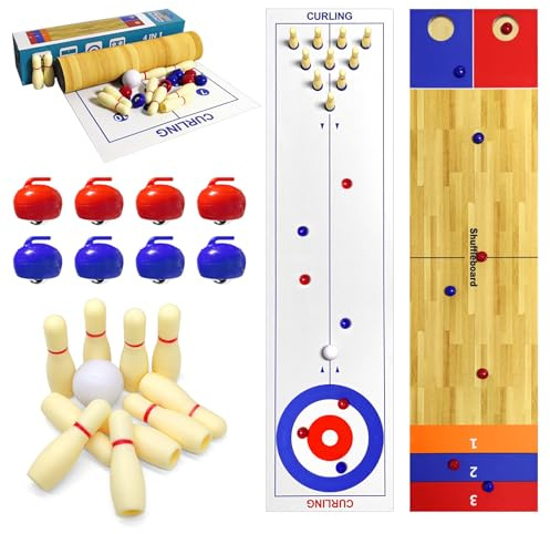 4 in 1 Tabletop Brettspiel Set, Shuffleboard Tabelletop Spiele,Shuffleboard Bowling Curling Cornhole Spiel, Interaktive Tabletop Brettspiele Ideal für Schule, Haus, Büro, Party
