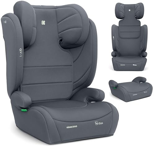 KikkaBoo Kindersitz 15-36 kg ohne ISOFIX i-AID, Kindersitz ab 3 Jahre, Gruppe 2-3 (100–150 cm), Von 3,5 Bis 12 Jahren, i-Size, 13-fach verstellbare Kopfstütze, Grau