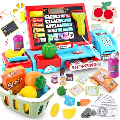 KIMIGO Elektronische Kasse Spielzeug für Kinder,Supermarktkasse für Kinder Kasse Spielzeug,Spiel Supermarkt Kinders Kaufladen Zubehör Rollenspiel Geschenk Jungen Mädchen 3 4 5 Jahren