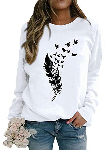 Dresswel Pullover Damen Feder Druck Sweatshirt Rundhals Langarmshirt Herbst | Sweatshirts Elegante Langarm Pulli Winter Tops Oberteile Bluse