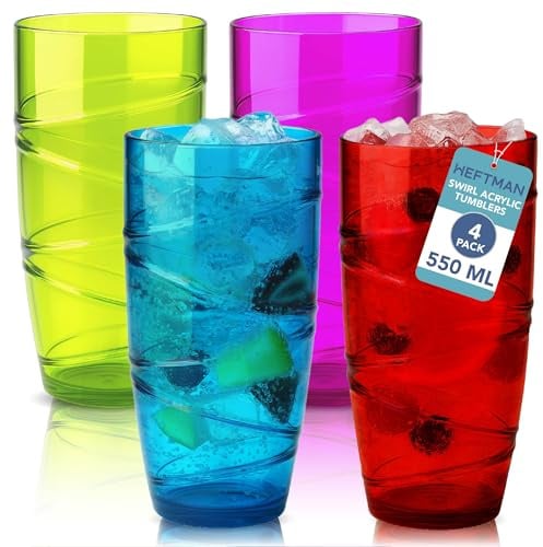 HEFTMAN Plastikbecher 4er-Set - 4 Stück (Farbig) | 550 ml Acryl-Trommelgläser mit Wirbel-Design - wiederverwendbare Kunststoffgläser für Garten, Picknicks, Camping