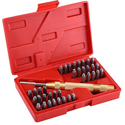 38-teiliges Schlagstempel Set Automatischer Stempelhalter, 8 mm | Automatischer Prägestempel ohne Hammer nötig, Gehärteter Carbonstahl, Stanzwerkzeug für Metall Holz Leder