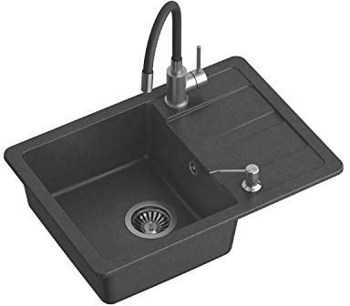 VBChome Spüle mit Armatur 62 x 44 cm Granit Schwarz Einzelbecken Küchenarmatür Flexible Armatur Einbauspüle Abtroffläche gesprenkelt reversibel Verbundspüle + Siphon Spülmittelspender