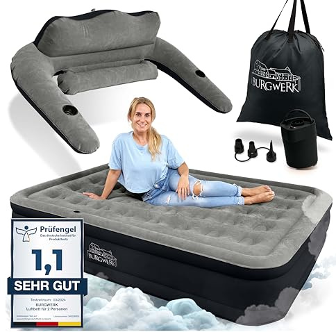 Burgwerk Premium Luftbett selbstaufblasend 2 Personen | Vielseitiges 3in1 Gästebett & Luftbett mit Rückenlehne | 203x152cm XL Size | aufblasbare Matratze mit Pumpe | Luftmatratze selbstaufblasend