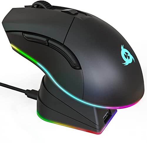 KLIM Blaze Pro Wiederaufladbare kabellose Maus - NEU - Gaming Maus mit RGB und Ladestation - Hochpräziser Sensor und langlebiger Akku - Bis zu 6000 DPI - Kabel- und Wireless Mouse für PC