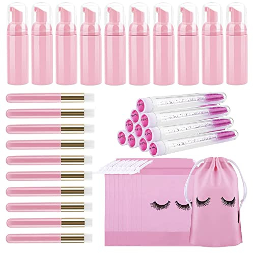 TCJJ 40 Pcs Wimpernshampoo Flaschenbürsten Set,Beinhalten 10pcs Wimpernpinsel,10pcs Wimpernbürste Rohre,10pcs Wimpern Shampoo Schaumspender Flasche,10pcs Wimpern Aftercare Tasche