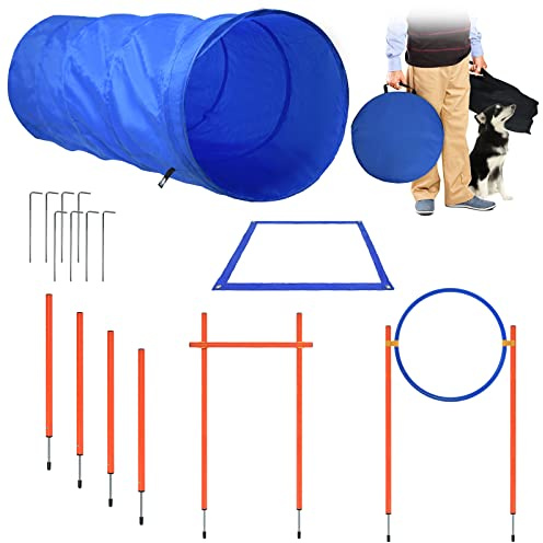 UISEBRT Agility Ausrüstungs Set für Hunde - Haustier-Trainingsset Hindernisse mit Hundetunnel Hürde Tunnel Training inkl. Hürdenstange Verstellbare Höhe, Tragetasche, Geflochtene Stangen