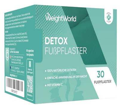 WeightWorld 30 Detox Fußpflaster - Pflaster mit Vitamin C, Wermut, Turmalin | 65% Bambusessig, 10% Dextrin, 10% Chitosan, 4% Vitamin C, Agaricus Blazei Murill, Entgiftungspflaster Füße, Detox Foot Patch