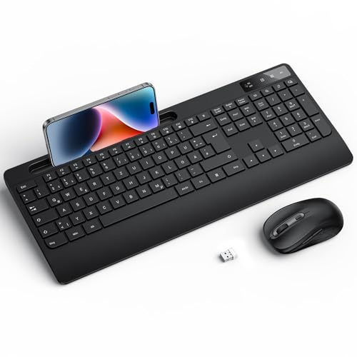 Tastatur Maus Set Kabellos 2,4GHz QWERTZ für Windows/Laptop/PC,Schwarz | Ergonomische Handgelenkauflage, leise, 3 DPI-Stufen 800/1200/1600, Full Size mit Telefonhalter, Plug & Play