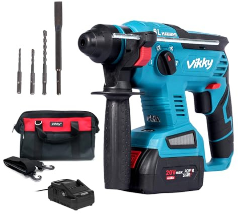 Vikky 20V SDS Plus Bohrhammer, bürstenloser Akku-Abbruchhammer-Kit, mit 4.2Ah Akku und Ladegerät, 4 Funktionen, geeignet für Bohrer, spitze/flache/U-förmige Meißel