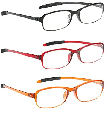 NRDIK PROFLEX SpareSpecs Lesebrillen (3er-Pack) – leicht, schlagfest, kratzfest, biegsam, flexibel, rutschfest, Unisex (Herren + Damen) (Oval; BLK, RED, BRN; +4,0)