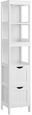 VASAGLE Hochschrank Badezimmer, 2 Schubladen, 3 offene Fächer | Badschrank stehend, Nischenschrank, 30 x 30 x 141,5 cm, für Bad, Wohnzimmer, Küche, Weiß, SOFIE Kollektion BBC66WT