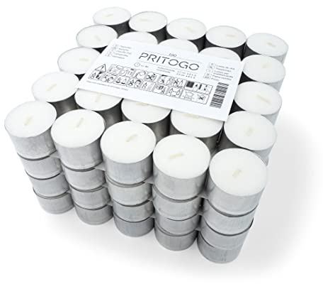 Pritogo Teelichter, Weiß Brenndauer: 8 Stunden 20 g Wachsgewicht (100 Stück), 25 x 38 mm, in Aluhülle, Rußfrei, Gastro, Hochzeit, Dekorieren, Feiern, Entspannen, Outdoor, Party