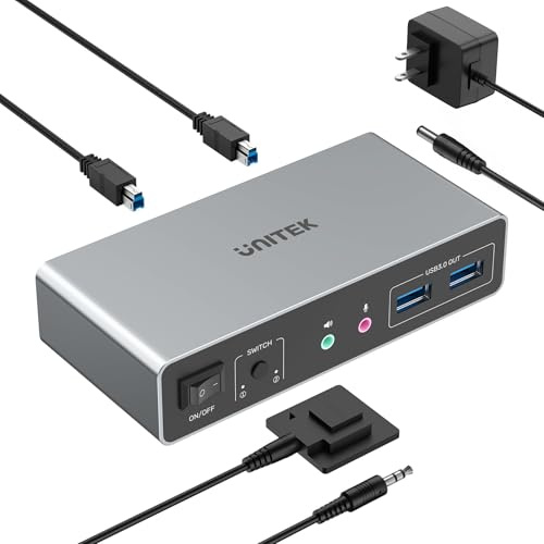 Unitek HDMI KVM Switch für 2 Monitore und 2 Computer, 4K@144Hz | KVM-Switches, Dual-Monitor-Sharing, 3 Ports für Tastatur, Maus, Mikrofon, Kopfhörer-Ports, 2 USB-A-Kabel, DC 5V-Netzteil