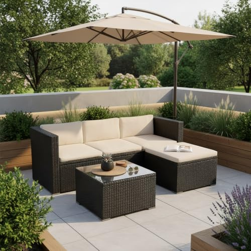 Juskys Gartenmöbel Set M – Punta Cana Polyrattan Lounge Möbel für 3–4 Personen mit Sofa, Sessel, Tisch & Kissen, wetterfeste Balkonmöbel für Garten & Terrasse – Schwarz/Creme