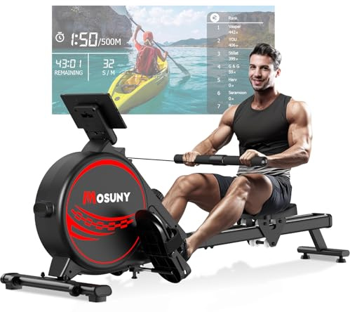 MOSUNY Rudergerät für Zuhause, Magnetisches Bluetooth Rudergerät mit 16 Widerstandsstufen,Upgrade Doppel-Slide-Rails Ultraleise, App-Kompatibel LCD-Datenanzeige, Belastbar bis160kg