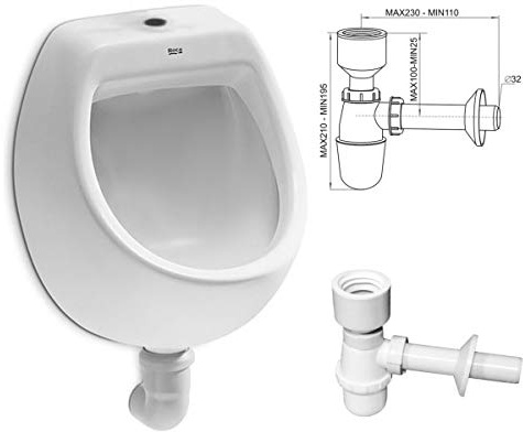 VBChome- Set: Urinal Zulauf Oben Weiß Modern Hochwertig Keramik Pinkelbecken senkrecht Pissoir Mini + Siphon Flaschensiphon A50132