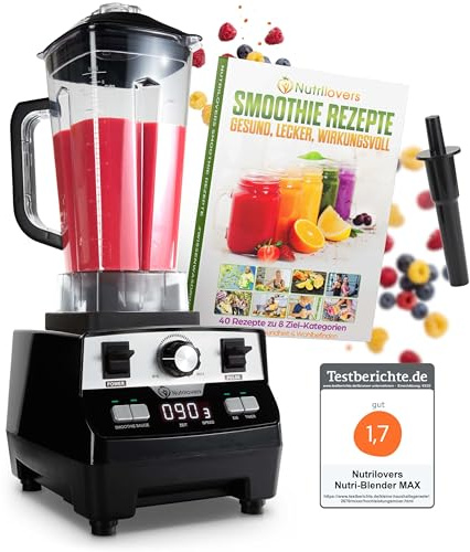 Nutrilovers Hochleistungsmixer NUTRI-BLENDER MAX Standmixer 2000W Hochleistung Smoothie-Maker Profi Mixer Blender - 2L Tritan, BPA-FREI, 9 Stufen, Digital-Timer Inkl. Smoothie Rezeptbuch
