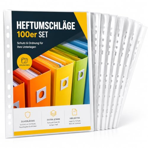 100x Hefthüllen Klarsichthüllen zum Abheften - extra dick - A4 Prospekthüllen transparent DIN A4 - mit Lochung - Folienhüllen Buchumschlag - Prospekthülle Folie & Hüllen