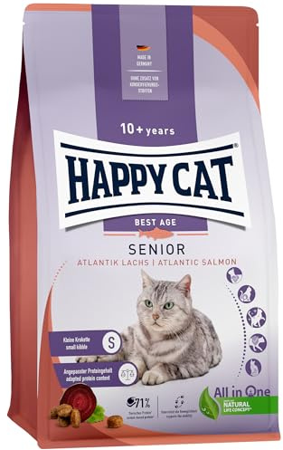 Happy Cat Senior Katzenfutter Atlantik-Lachs ältere Katzen, 4 kg | Senior-Katzenfutter mit Atlantik-Lachs ab dem 10. Lebensjahr, 71 % tierisches Protein, mit Omega-3, Krokette S, Nachkaufgröße