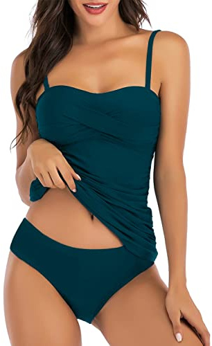 Yutdeng Damen Tankini Set Push Up Zweiteiler Badeanzug Bauchweg Bademode Sexy Bandeau Bikini mit Abnehmbar Träger und Bügel High Cut Bikinislip Triangel Bikinihose