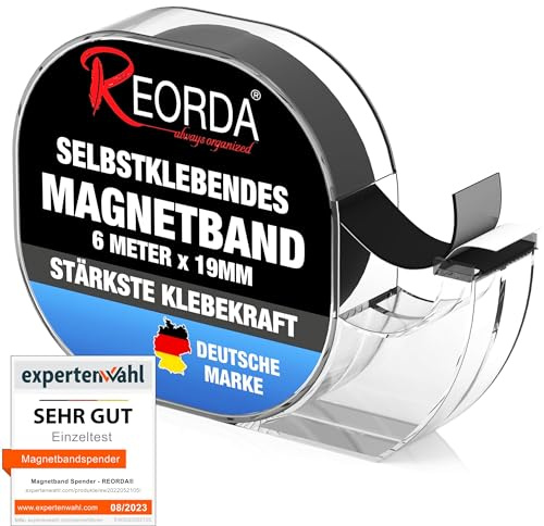 REORDA® Magnetband selbstklebend im Spender - Magnetstreifen - Magnetklebeband hervorragend für Postkarten, Fotos & Whiteboards geeignet (6 Meter)