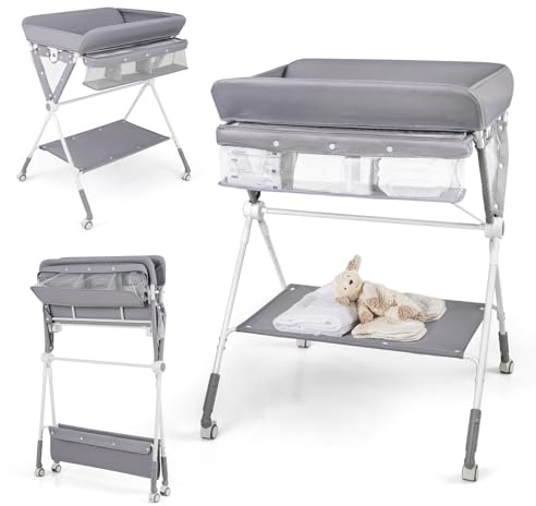 COSTWAY 3 in 1 Wickeltisch klappbar, mobile Wickelkommode mit Rollen, Wickelstation höhenverstellbar mit Mülleimer & Aufbewahrungskorb, tragbare Wickelauflage bis 11 kg Belastbar (Grau)