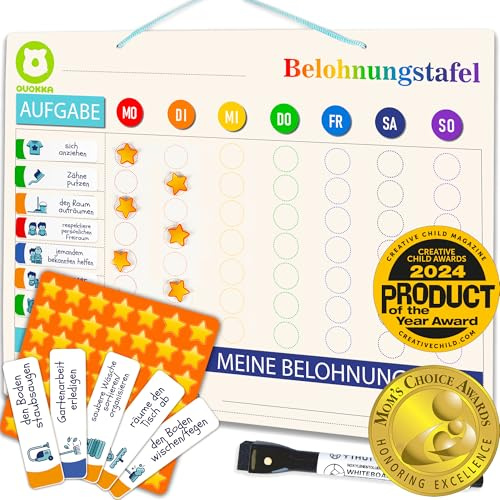 QUOKKA Magnetische Belohnungstafel für Kinder - 41x31 cm Aufgabentafel mit 84 Magneten und 102 Sternen - Routinchen Wochenplaner vom Kleinkind bis zum Teenager - Belohnungssystem Kinder Auf Deutsch