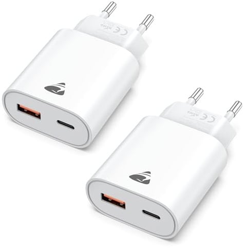 USB C Ladegerät, 2er Pack 20W Schnellladegerät mit 2-Fach USB Stecker (USB-C & USB-A), Handy Ladegerät mit PD 3.0 Power Adapter USB Netzteil für iPhone Samsung, Fast TypC Charger Mehrfach Ladestecker