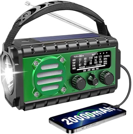 Solar Kurbelradio 20000mAh Notfallradio mit Powerbank, UKW/AM/SW Weltempfänger, Taschenlampe & LED Leselampe, SOS Alarm, IPX6 wasserdicht, für Blackout Vorsorge, Krisenvorsorge & Camping