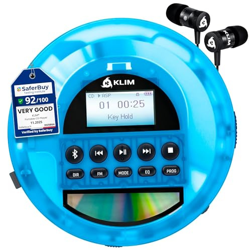 KLIM Nomad Transparent Blau - tragbarer CD-Player Walkman mit ausdauerndem Akku - inklusive Kopfhörer - MP3 Player - TF-Karte, FM Radio, Bluetooth, AUX - ideal für Zuhause und Auto