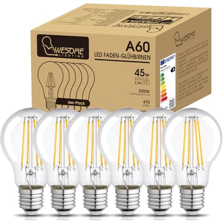 Wesome Lighting E27 LED Energieklasse A Glühbirne, 2.2W 470LM 3000K Warmweiß Leuchtmittel, A60 Filament Edison Retro Glühlampe, Ultraeffiezent Nicht Dimmbar, 6 Stück