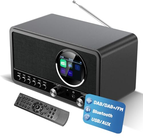 DAB Plus Radio mit Bluetooth,DAB+ / FM Radio mit Fernbedienung und Netzbetrieb,Digitalradio Küchenradio Radiowecker mit Zweifacher Alarm,USB/AUX Hafen,Sleep-Timer, 30 voreingestellte Sender