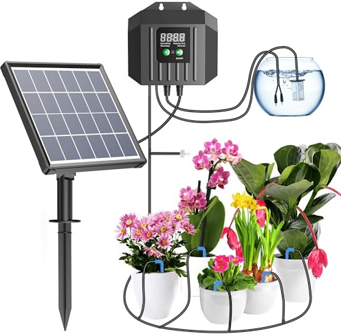 Biling 2,5W Solar Bewässerungssystem mit 2200mAh Akku Tag & Nacht Urlaub | 168 Modi, 15m Schlauch, Automatische Bewässerung für 15-20 Töpfe Garten Balkon Hochbeet Gewächshaus und Topfpflanzen Urlaub