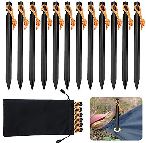 Cosswe Aluminium Zeltheringe, 12 Stück, Schwarz, Robust, Metall, Y-Form, für Zelte, Camping, Wandern, etc.