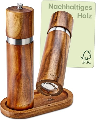 Salz und Pfeffermühle aus Akazienholz mit Untersetzer - Nachhaltiges FSC® Holz – Langlebiges Keramikmahlwerk – Pfeffer und Salzmühle – Gewürzmühle Holz – Pfeffer Salz Mühlenset