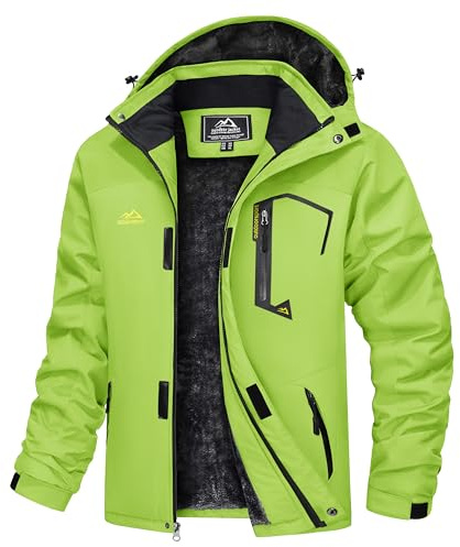 TACVASEN Herren Winter Winddichte Winterjacke Warme Fleece-Futter Ski Übergangsjacke mit Abnehmbarer Kapuze, Neongrün, L
