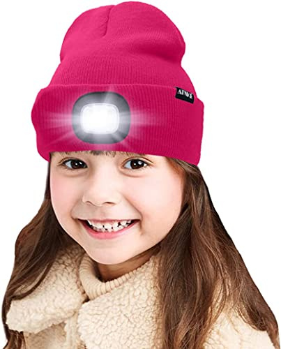 ATNKE Kids LED beleuchtete Mütze mit Licht, USB Wiederaufladbare 4 LED Scheinwerfer wasserdichte Winterwärmer Strick Nachthüte mit leichten Jungen Mädchen