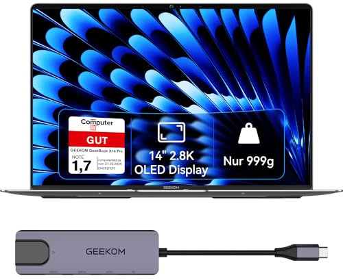 GEEKOM GeekBook X14 Pro Laptop, 999 g Ultraleicht, 14" 2.8K OLED, Ultra 9-185H, 32GB LPDDR5x RAM 7500MT/s, 1TB SSD, 2X USB4, Fingerprint & Webcam-Schieber, bis zu 16 h Akku, Copilot+, Windows 11 Pro