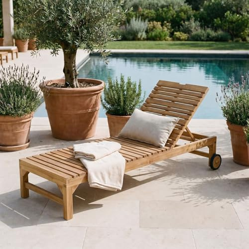 Sonnenliege Granada mit Rollen Teak Natur aus massivem Teakholz Verstellbarer Rücken Gartenliege aus Holz Teakholz Gartenmöbel