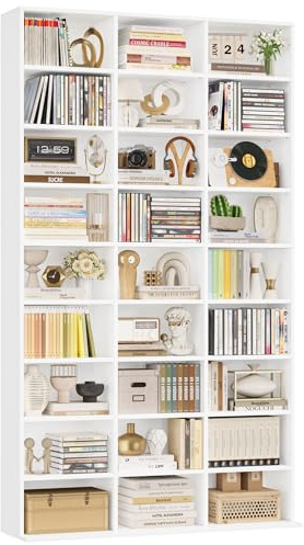 FirFurd 190 cm Bücherregal CD Regal weiß mit 21 höhenverstellbaren Ablagen | Bücherschrank, Raumteiler, 9-stufiges CD Ständer, 27 offene Fächer für CD, DVD, Blueray und Bücher, 102,5 x 23,5 x 190 cm