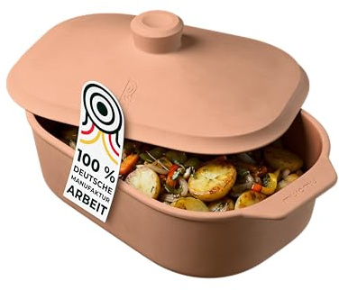 myromy® Bräter, Schmortopf & Brotbackform aus Keramik Natur-Ton: Bratentopf, Dampfgarer & Backform, Dutch Oven für Brot, Braten, Aufläufe & Eintopf – für Backofen, Grill & Feuer - Handmade in Germany